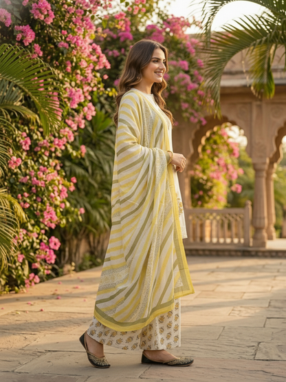 Ethnic Printed Schiffli Kurti with Sharara and Dupatta- Cream