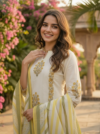 Ethnic Printed Schiffli Kurti with Sharara and Dupatta- Cream