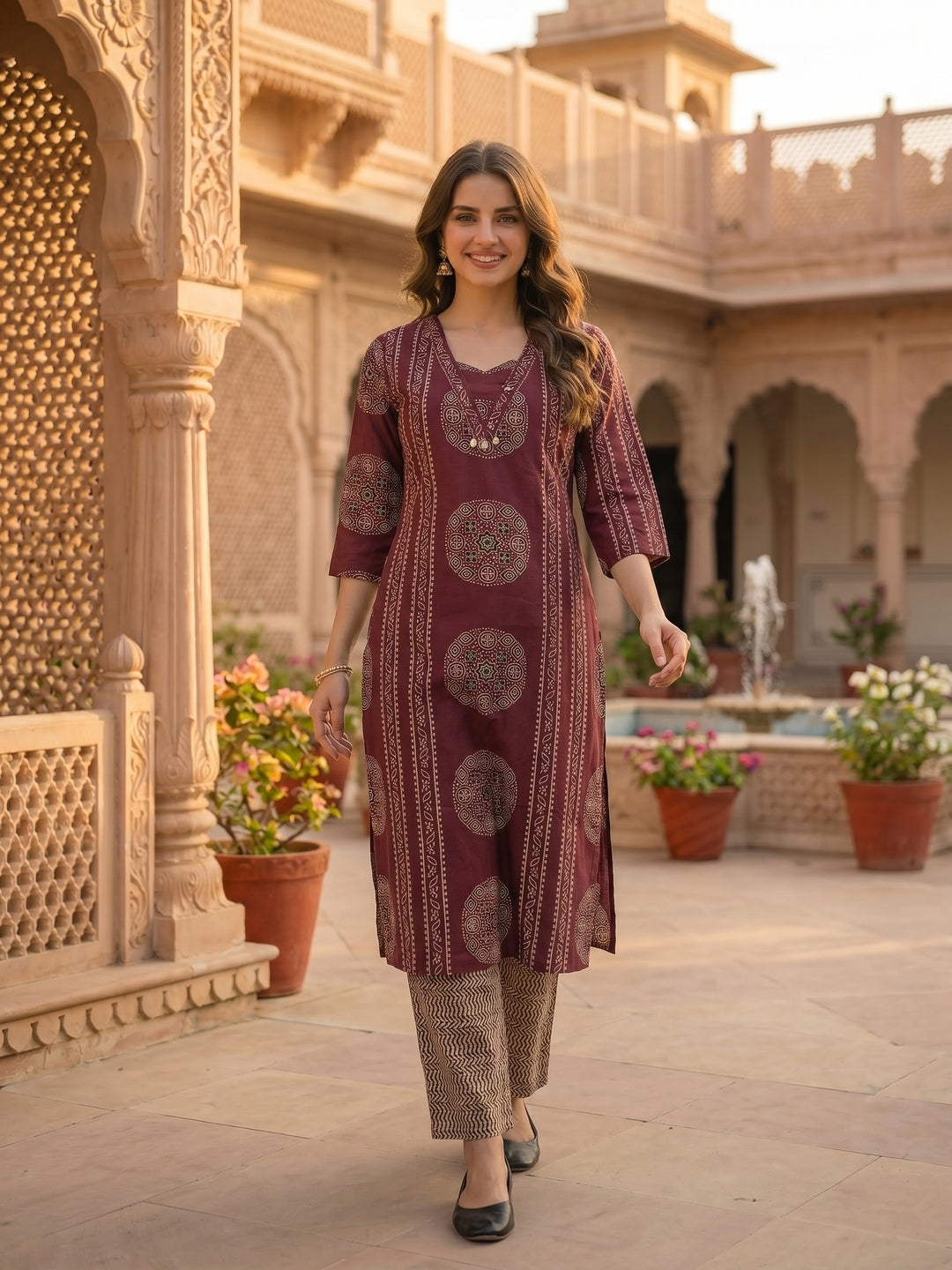 Ethnic Print Straight Kurta with Pyjama & Dupatta - Burgundy