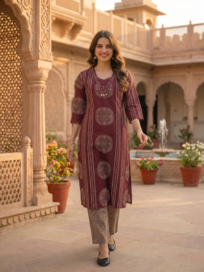 Ethnic Print Straight Kurta with Pyjama & Dupatta - Burgundy
