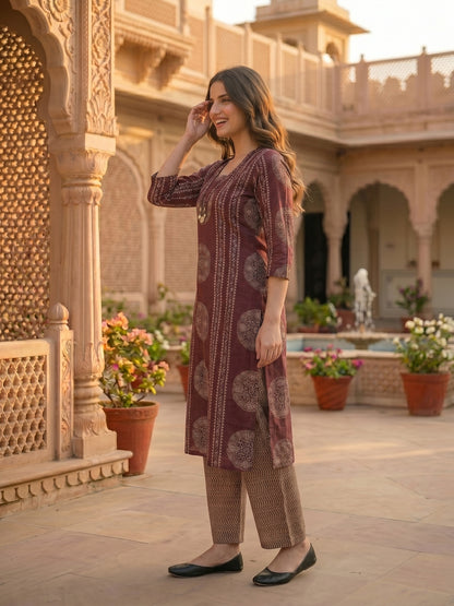 Ethnic Print Straight Kurta with Pyjama & Dupatta - Burgundy