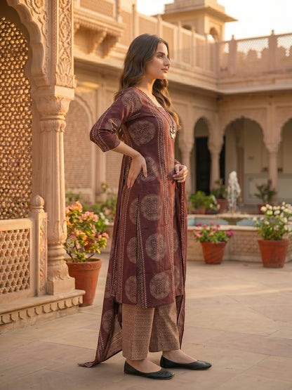 Ethnic Print Straight Kurta with Pyjama & Dupatta - Burgundy