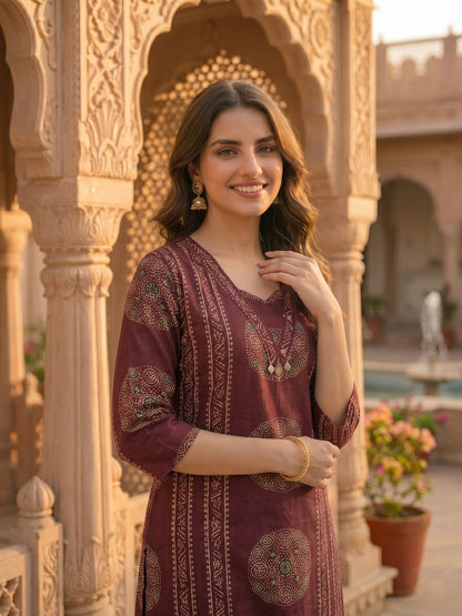 Ethnic Print Straight Kurta with Pyjama & Dupatta - Burgundy