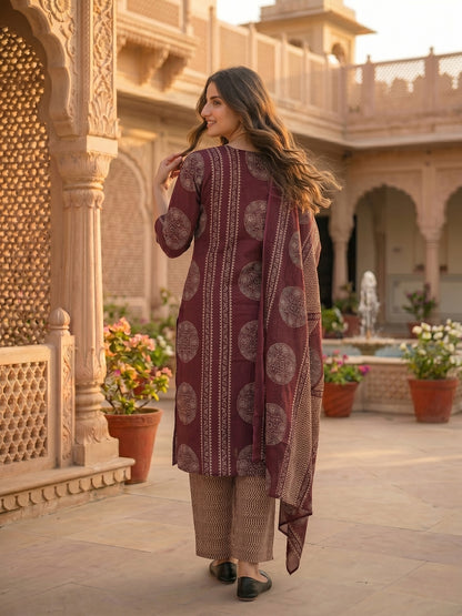 Ethnic Print Straight Kurta with Pyjama & Dupatta - Burgundy