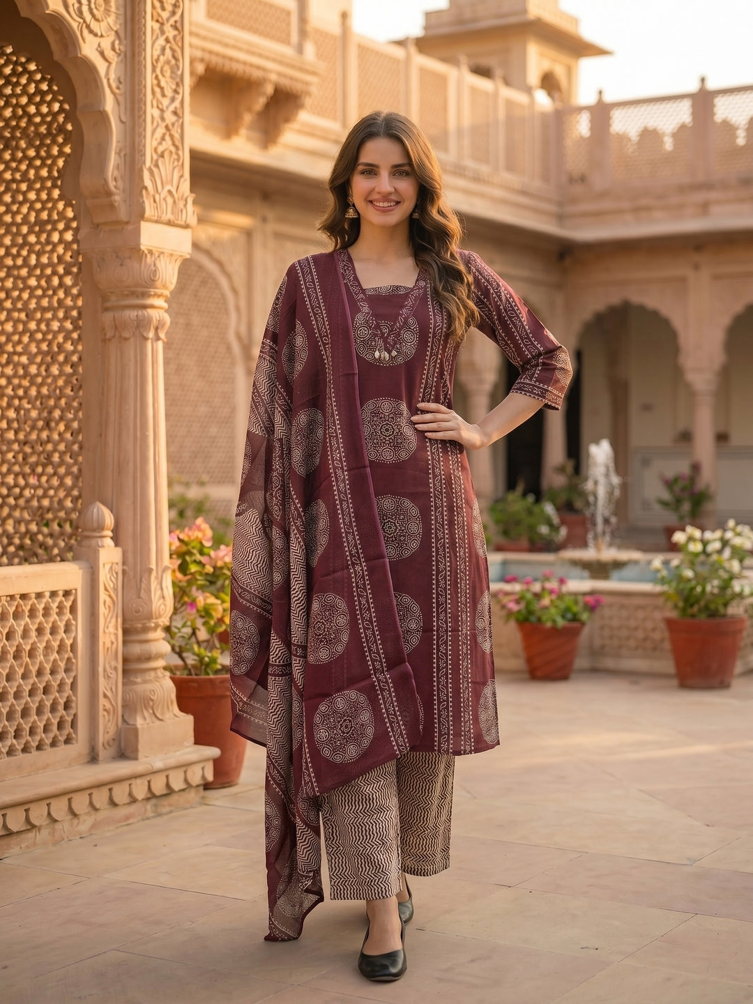 Ethnic Print Straight Kurta with Pyjama & Dupatta - Burgundy