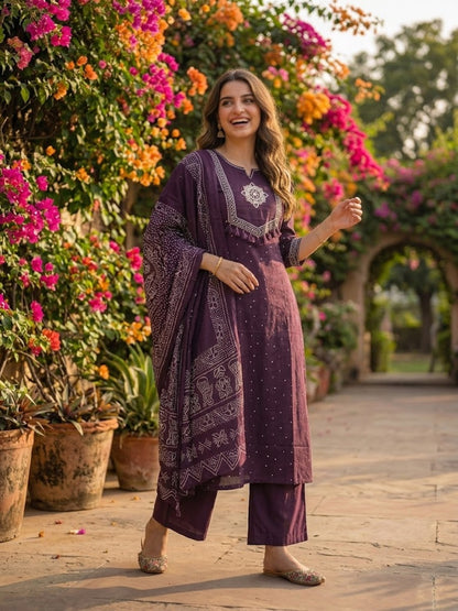 Bandhani Print Mirror Embroidered Straight Kurta with Pyjama & Dupatta - Purple