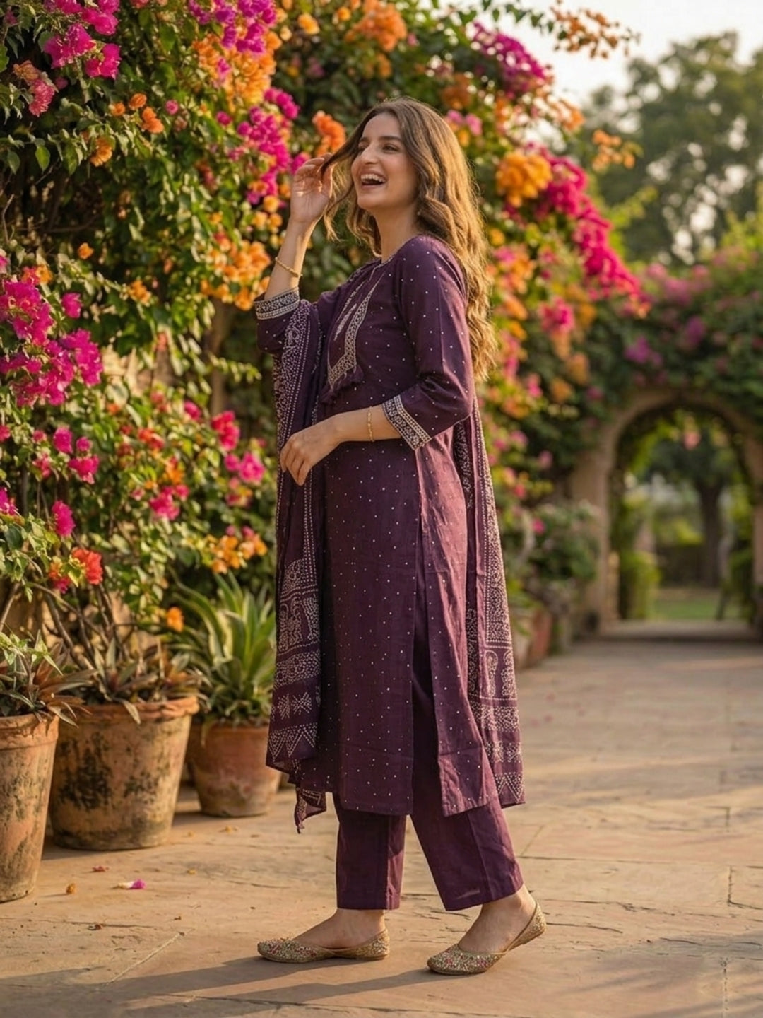 Bandhani Print Mirror Embroidered Straight Kurta with Pyjama & Dupatta - Purple