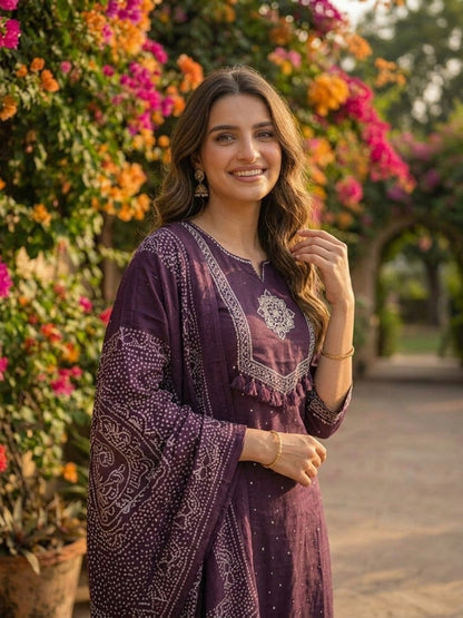Bandhani Print Mirror Embroidered Straight Kurta with Pyjama & Dupatta - Purple