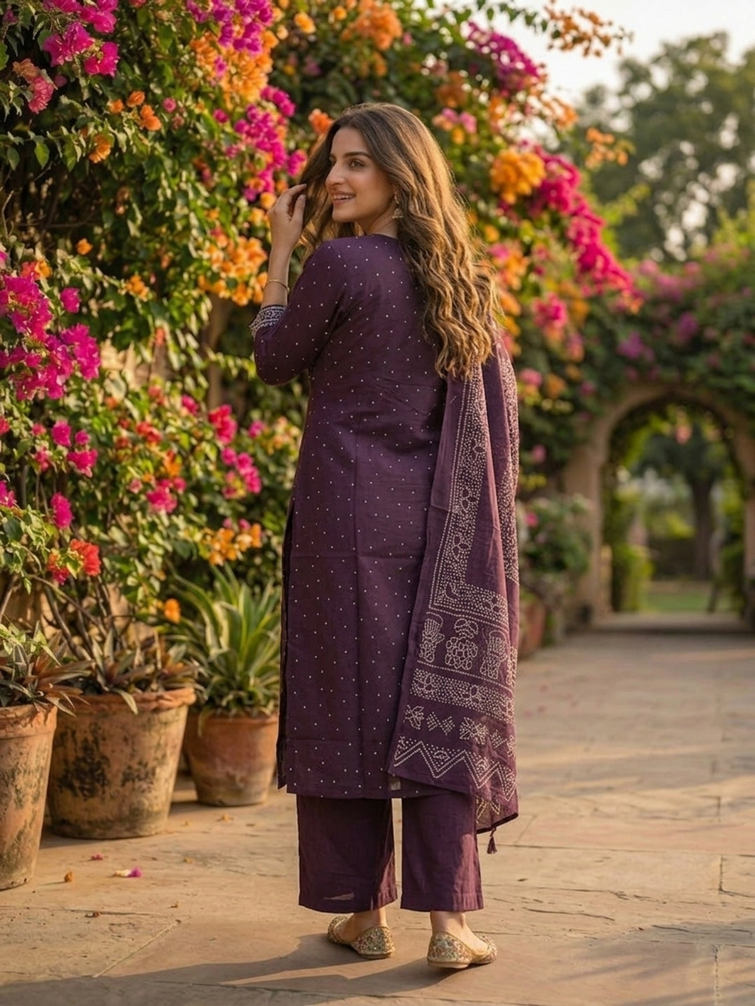 Bandhani Print Mirror Embroidered Straight Kurta with Pyjama & Dupatta - Purple