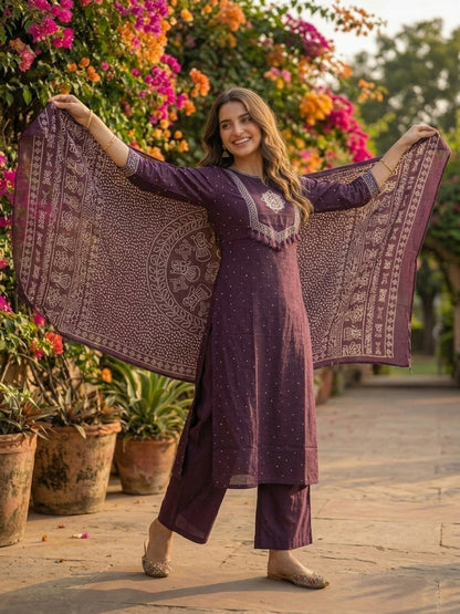 Bandhani Print Mirror Embroidered Straight Kurta with Pyjama & Dupatta - Purple