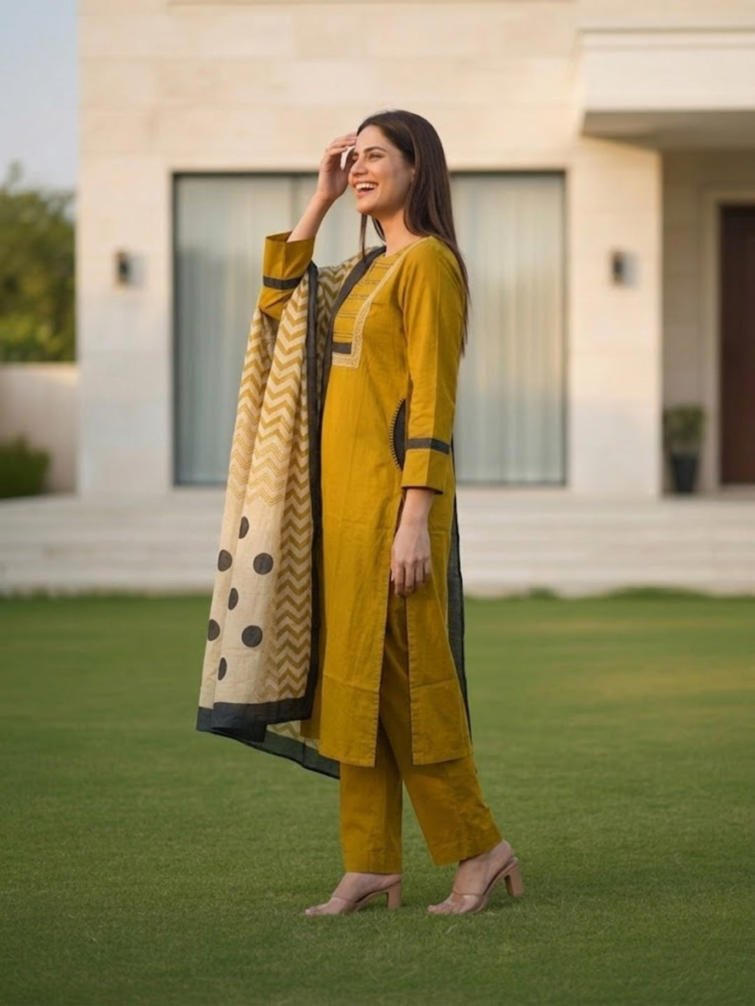 Solid Pin-Tuck Kantha Sequin Straight Kurta with Palazzo & Dupatta - Mustard