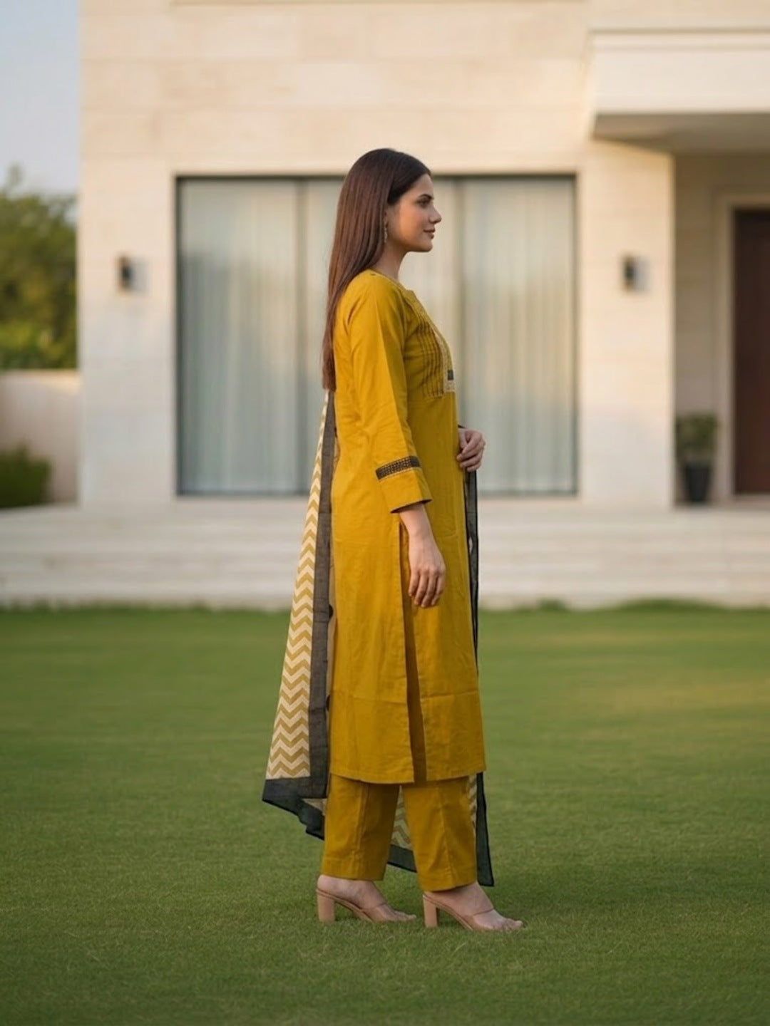 Solid Pin-Tuck Kantha Sequin Straight Kurta with Palazzo & Dupatta - Mustard