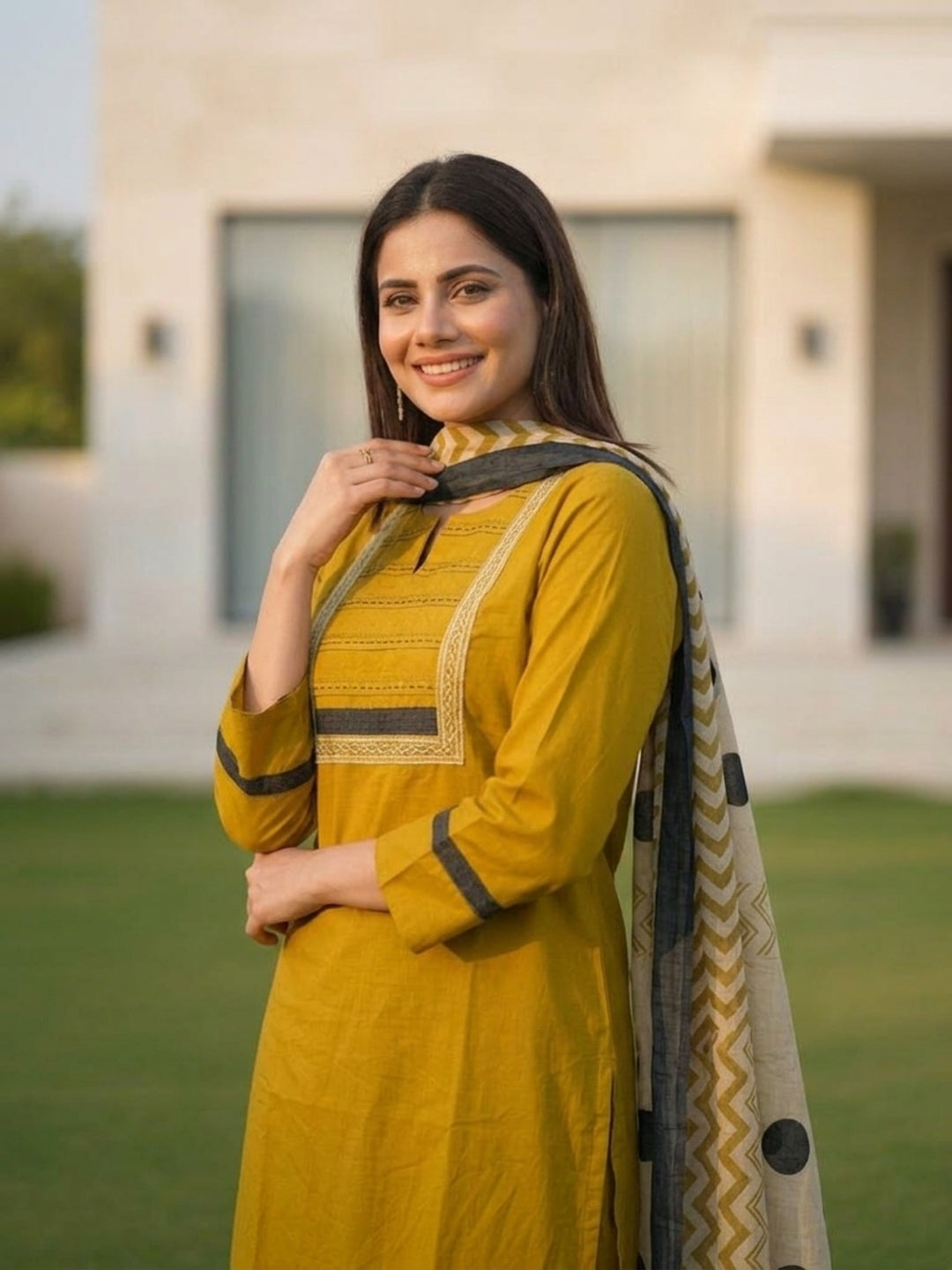 Solid Pin-Tuck Kantha Sequin Straight Kurta with Palazzo & Dupatta - Mustard
