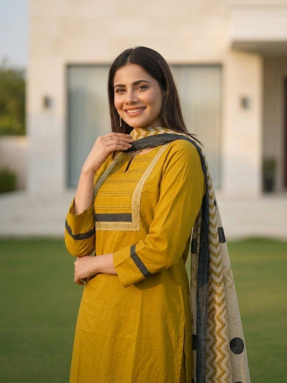 Solid Pin-Tuck Kantha Sequin Straight Kurta with Palazzo & Dupatta - Mustard