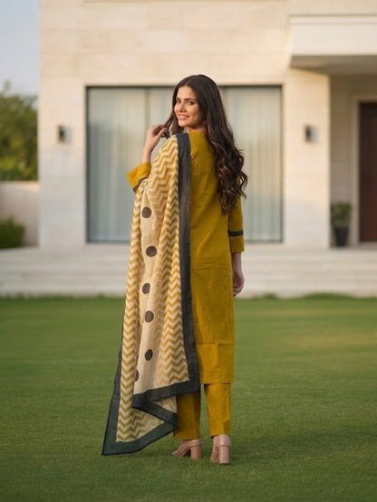 Solid Pin-Tuck Kantha Sequin Straight Kurta with Palazzo & Dupatta - Mustard