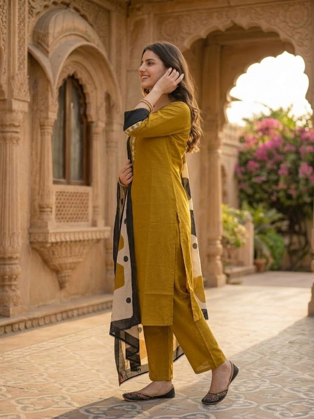 Solid Straight Kurta with Pyjamas and Dupatta- Mustard