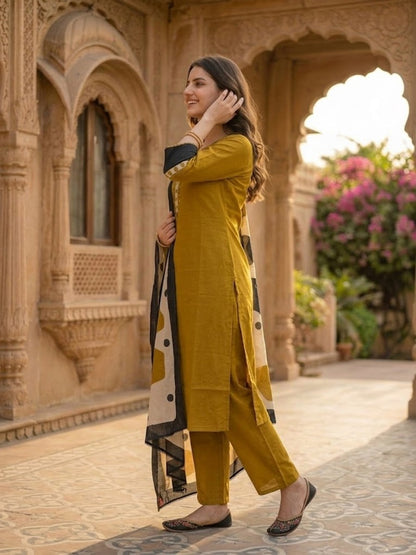Solid Straight Kurta with Pyjamas and Dupatta- Mustard