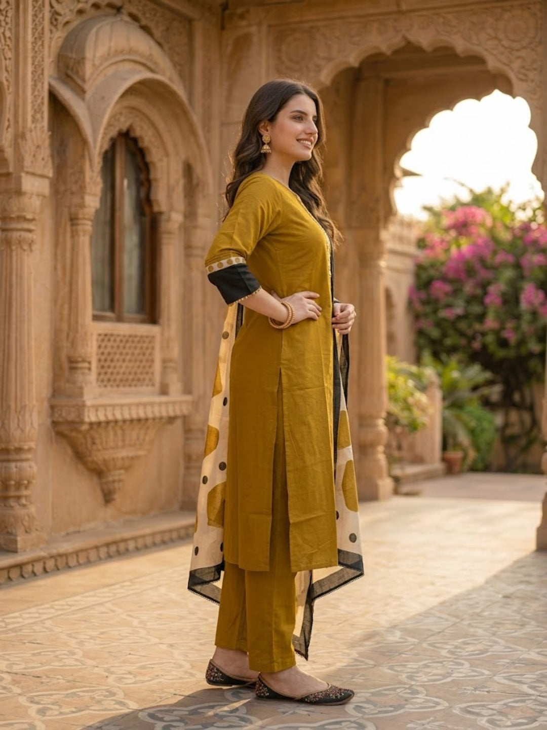 Solid Straight Kurta with Pyjamas and Dupatta- Mustard