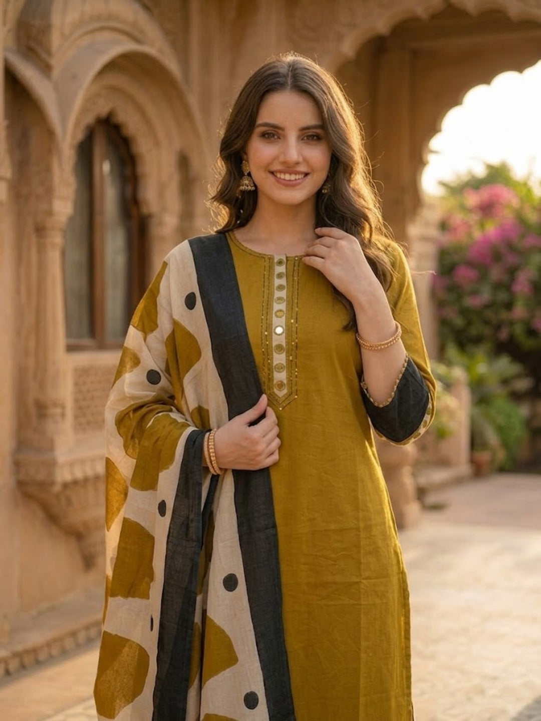 Solid Straight Kurta with Pyjamas and Dupatta- Mustard