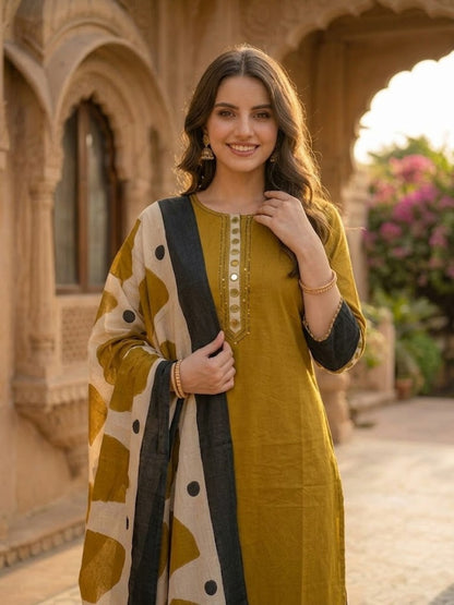 Solid Straight Kurta with Pyjamas and Dupatta- Mustard