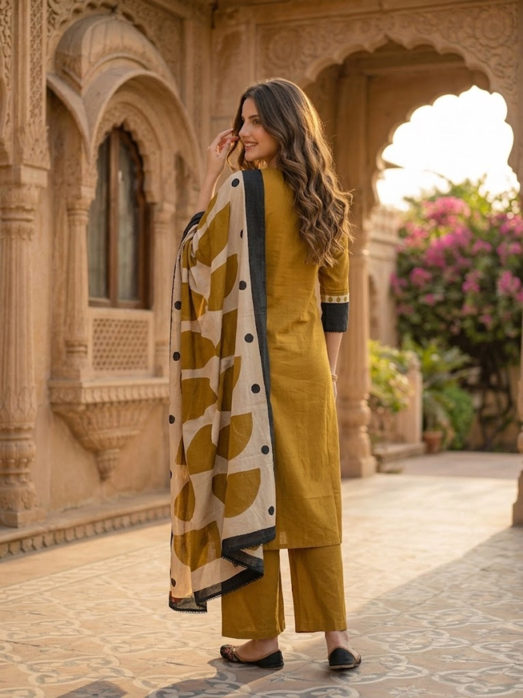 Solid Straight Kurta with Pyjamas and Dupatta- Mustard
