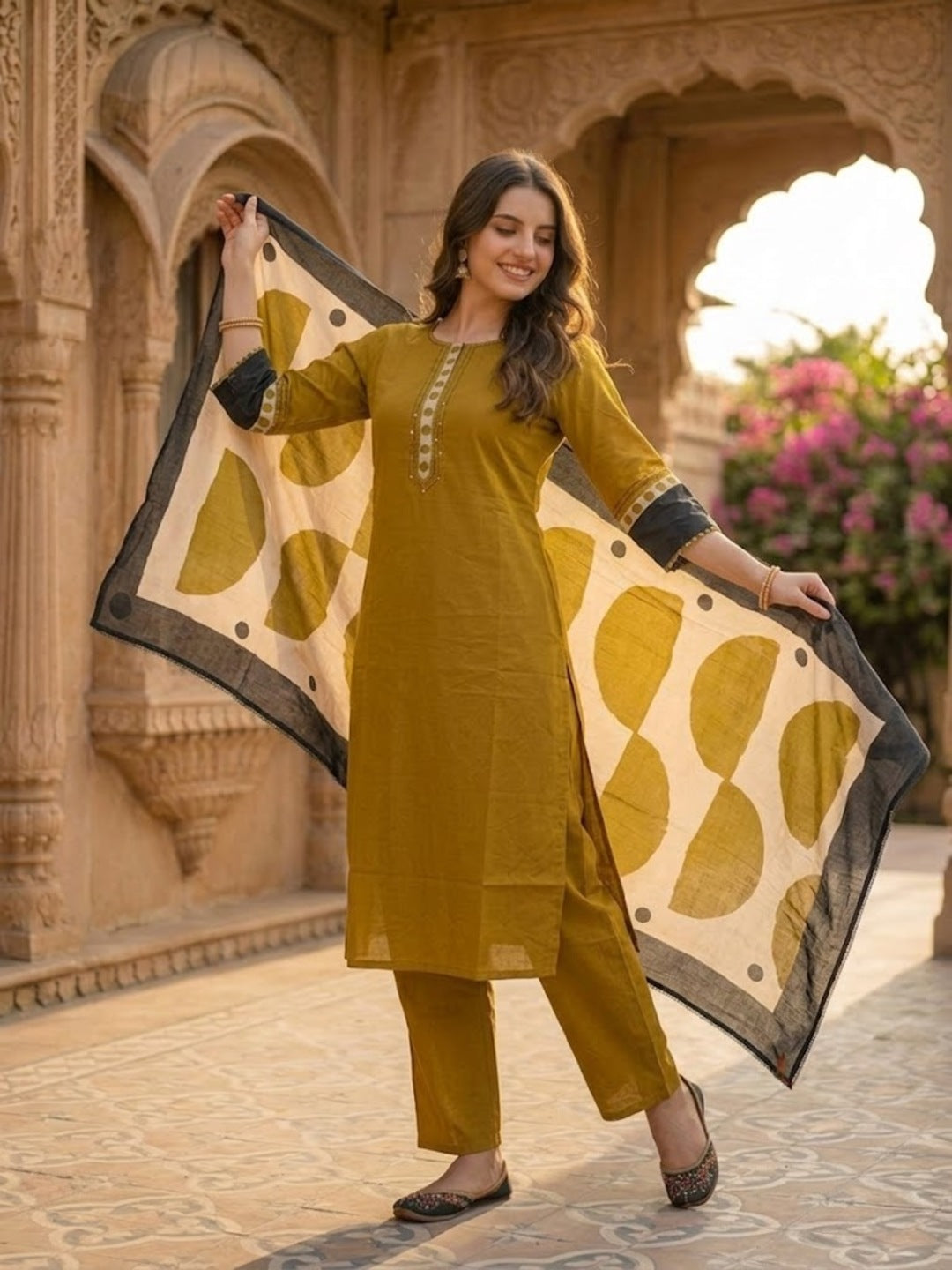 Solid Straight Kurta with Pyjamas and Dupatta- Mustard