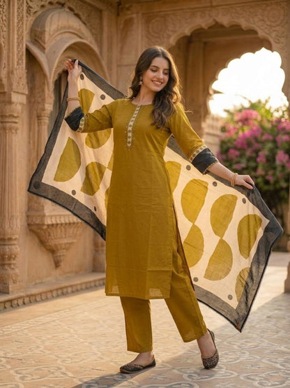 Solid Straight Kurta with Pyjamas and Dupatta- Mustard