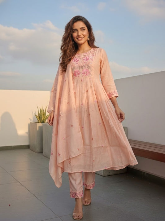 Solid Floral Embroidered A-Line Three-Panel Kurta with Pyjama & Dupatta - Peach