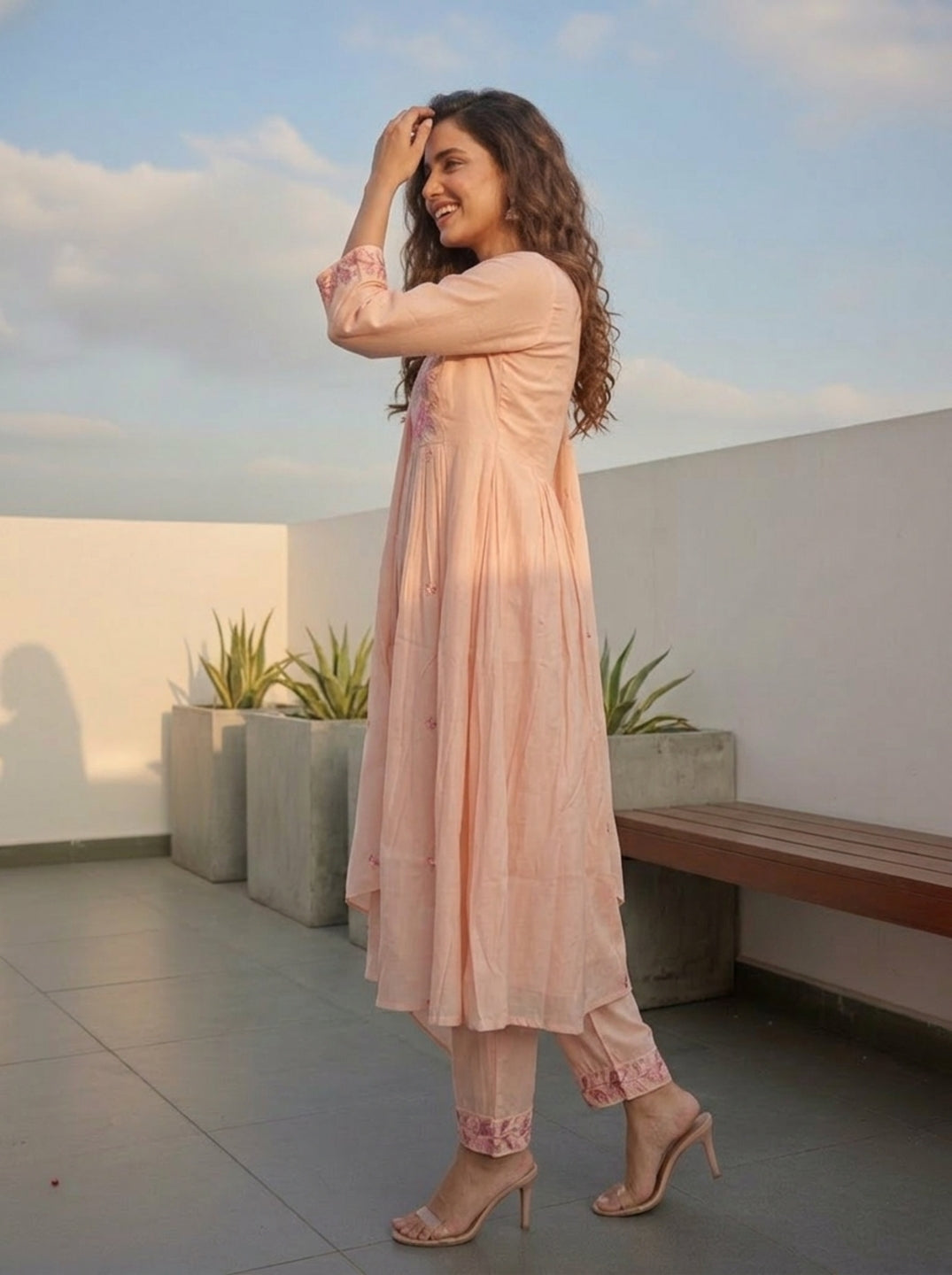 Solid Floral Embroidered A-Line Three-Panel Kurta with Pyjama & Dupatta - Peach