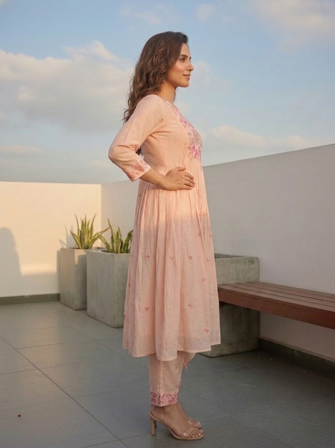 Solid Floral Embroidered A-Line Three-Panel Kurta with Pyjama & Dupatta - Peach