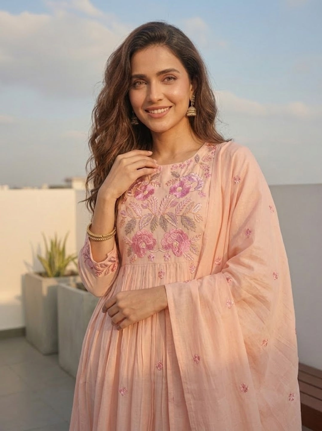 Solid Floral Embroidered A-Line Three-Panel Kurta with Pyjama & Dupatta - Peach