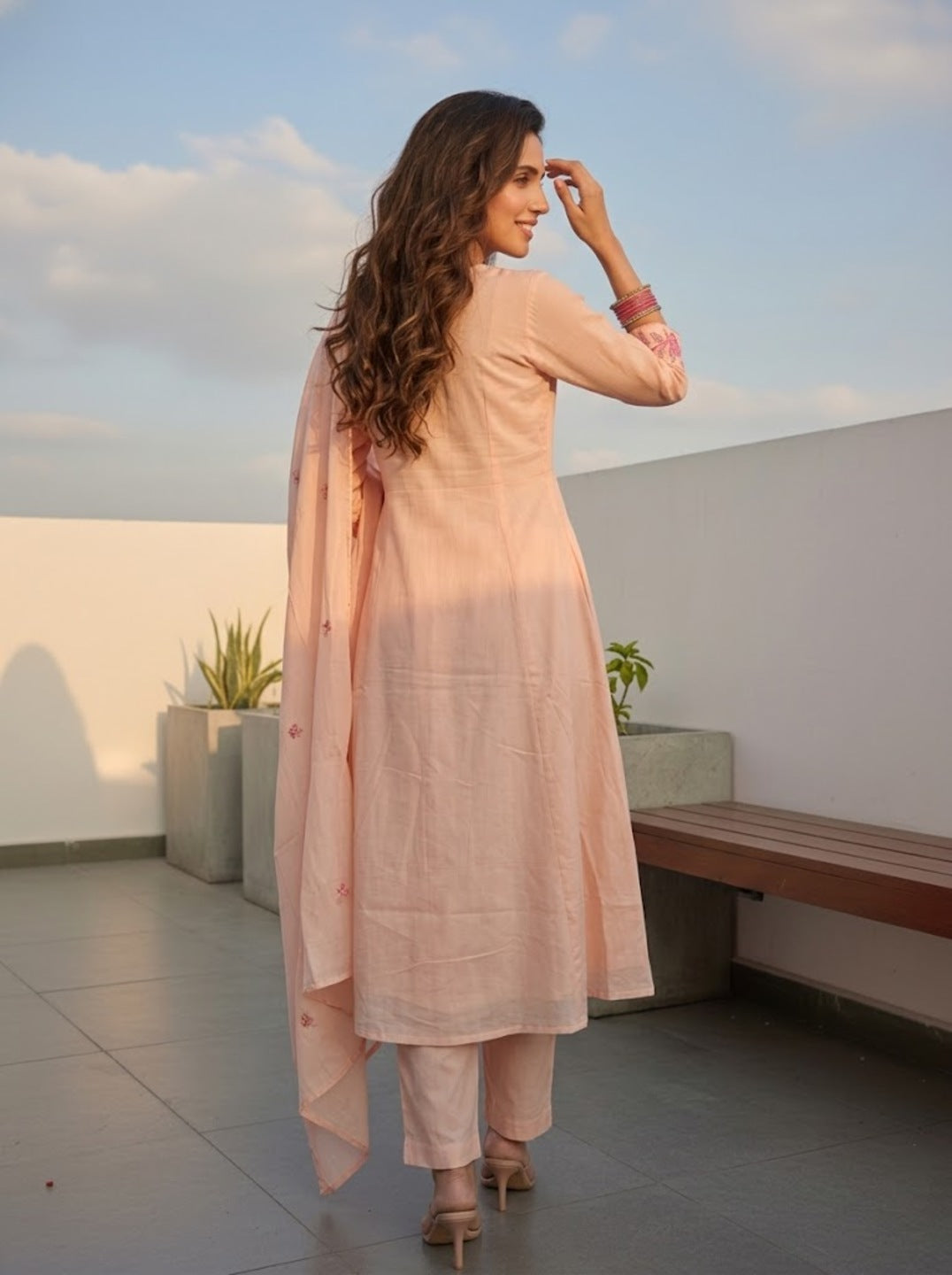 Solid Floral Embroidered A-Line Three-Panel Kurta with Pyjama & Dupatta - Peach