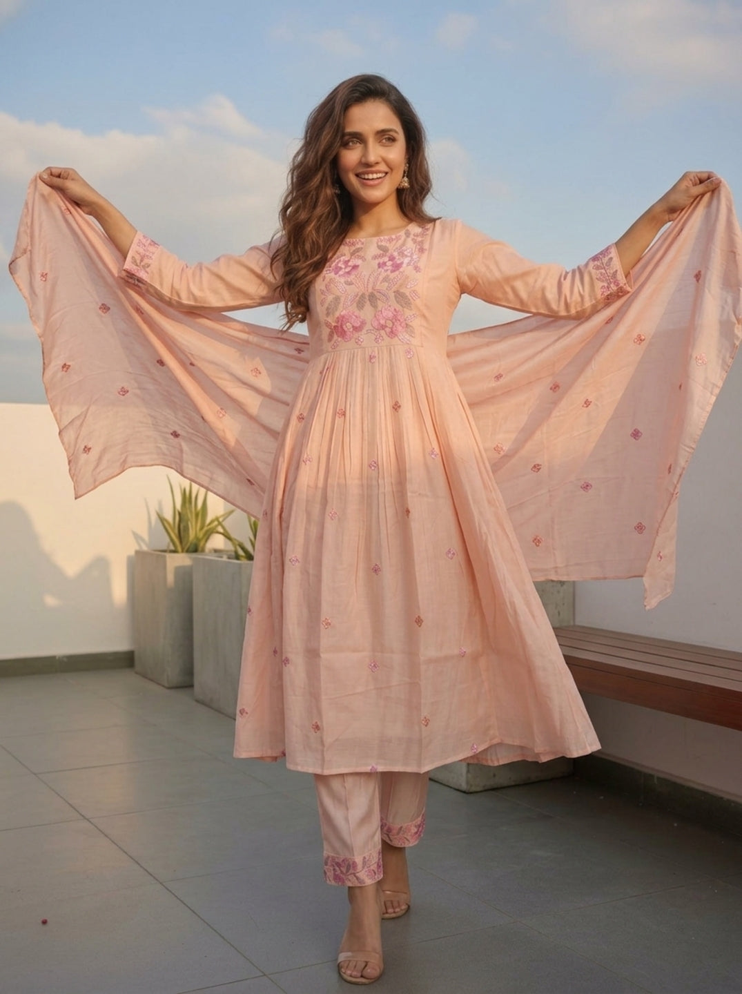 Solid Floral Embroidered A-Line Three-Panel Kurta with Pyjama & Dupatta - Peach