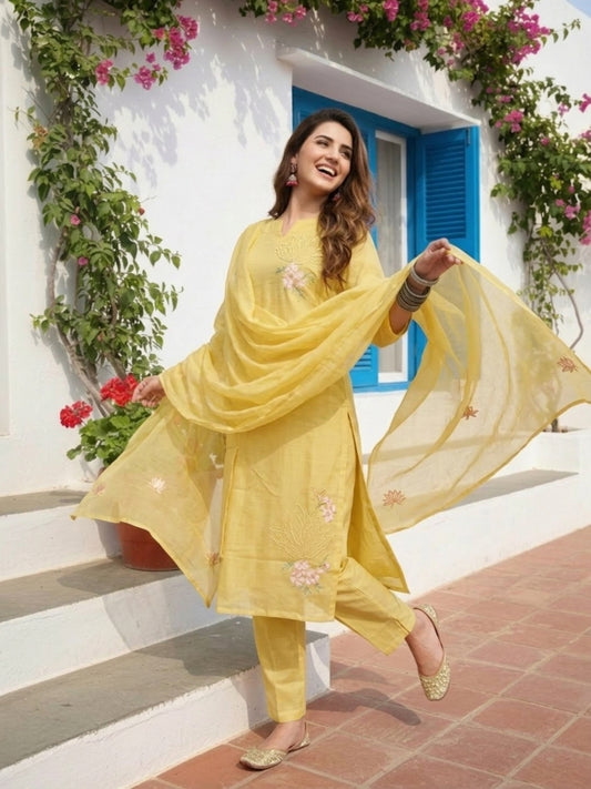 Solid Floral Embroidered Straight Kurta with Pyjama & Dupatta - Yellow