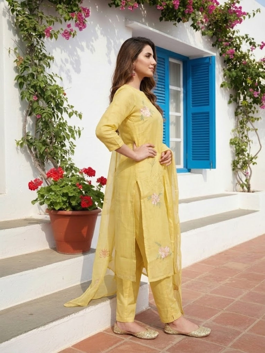 Solid Floral Embroidered Straight Kurta with Pyjama & Dupatta - Yellow