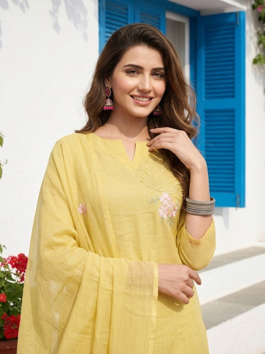 Solid Floral Embroidered Straight Kurta with Pyjama & Dupatta - Yellow