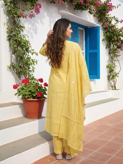 Solid Floral Embroidered Straight Kurta with Pyjama & Dupatta - Yellow