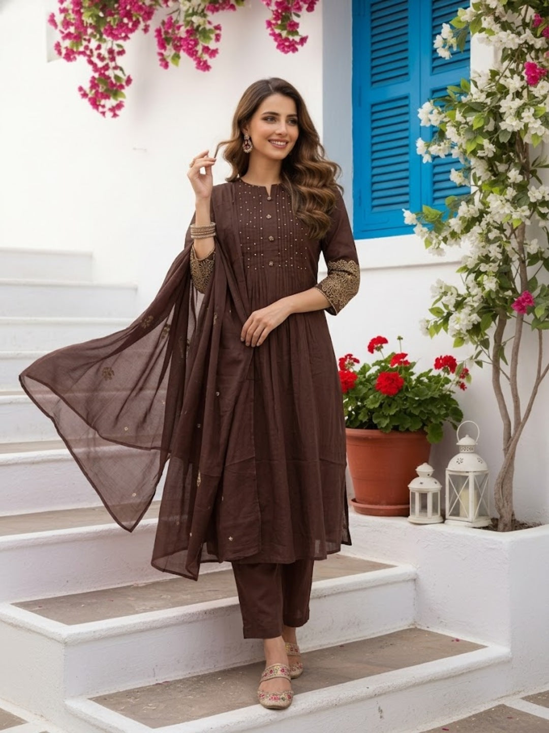 Solid Kantha Sequin Embroidered Fit & Flare Kurta with Pyjama & Dupatta - Brown