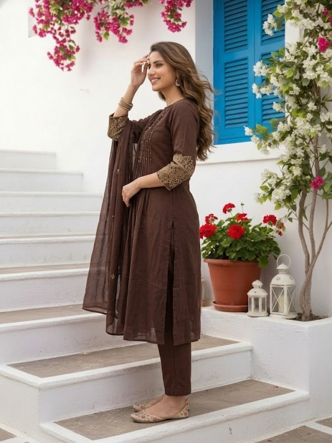 Solid Kantha Sequin Embroidered Fit & Flare Kurta with Pyjama & Dupatta - Brown