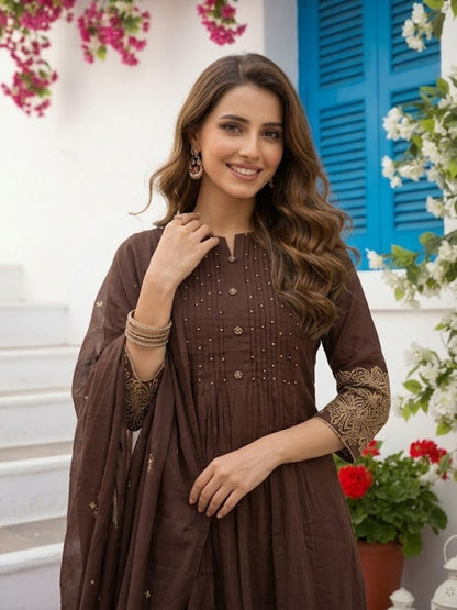 Solid Kantha Sequin Embroidered Fit & Flare Kurta with Pyjama & Dupatta - Brown
