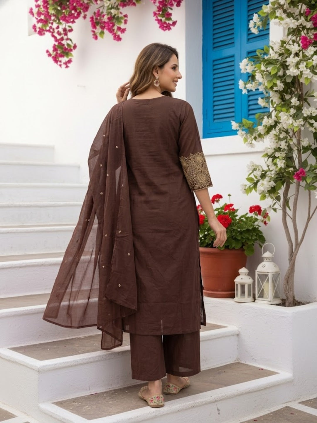 Solid Kantha Sequin Embroidered Fit & Flare Kurta with Pyjama & Dupatta - Brown