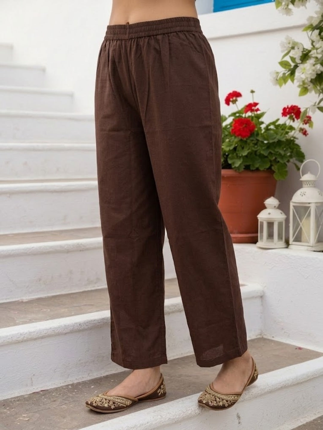 Solid Kantha Sequin Embroidered Fit & Flare Kurta with Pyjama & Dupatta - Brown