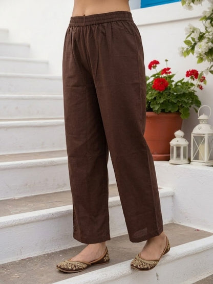Solid Kantha Sequin Embroidered Fit & Flare Kurta with Pyjama & Dupatta - Brown