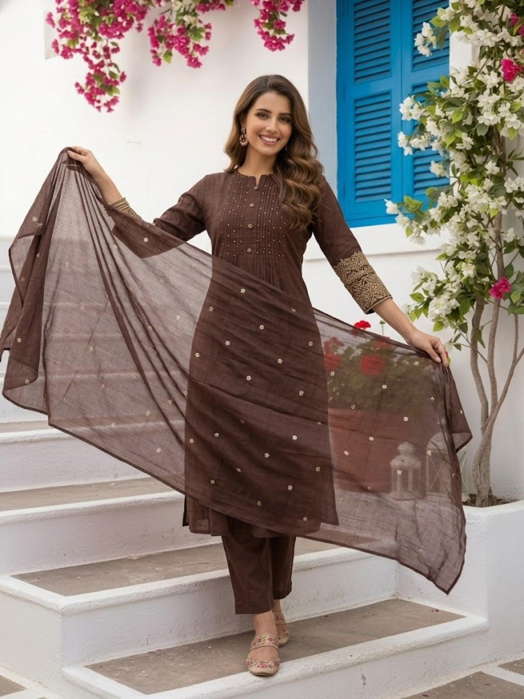 Solid Kantha Sequin Embroidered Fit & Flare Kurta with Pyjama & Dupatta - Brown