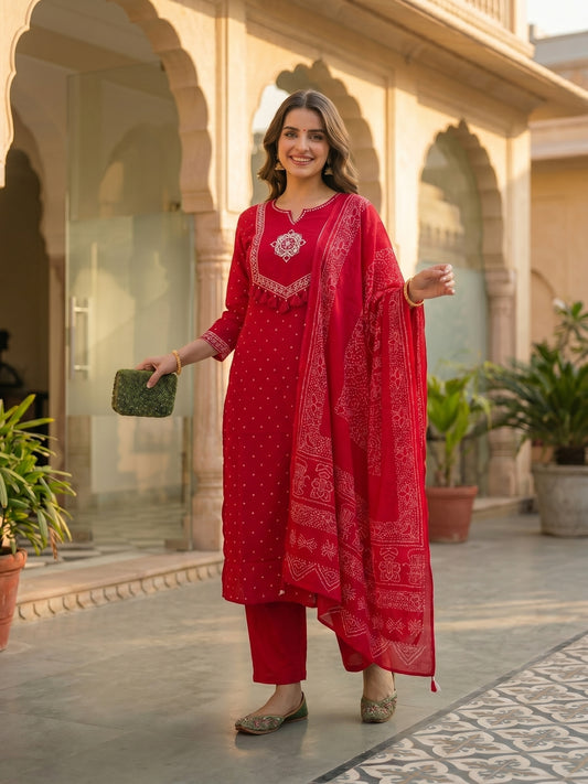 Bandhani Print Mirror Embroidered Straight Kurta with Pyjama & Dupatta - Red