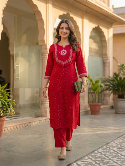 Bandhani Print Mirror Embroidered Straight Kurta with Pyjama & Dupatta - Red