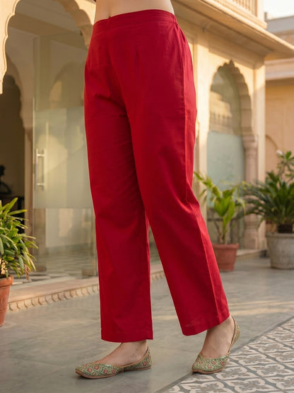 Bandhani Print Mirror Embroidered Straight Kurta with Pyjama & Dupatta - Red