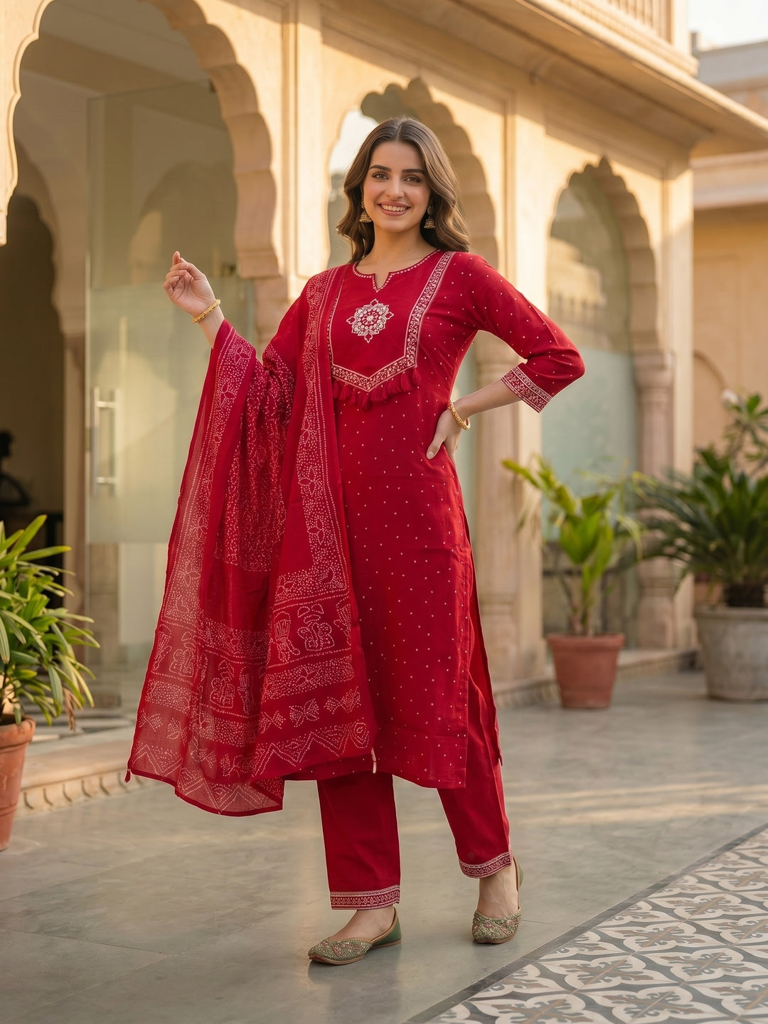 Bandhani Print Mirror Embroidered Straight Kurta with Pyjama & Dupatta - Red