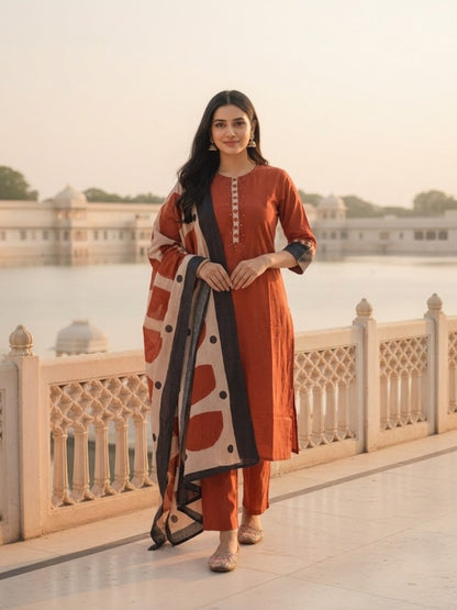 Solid Kantha Sequin Straight Kurta with Pyjama & Dupatta - Maroon