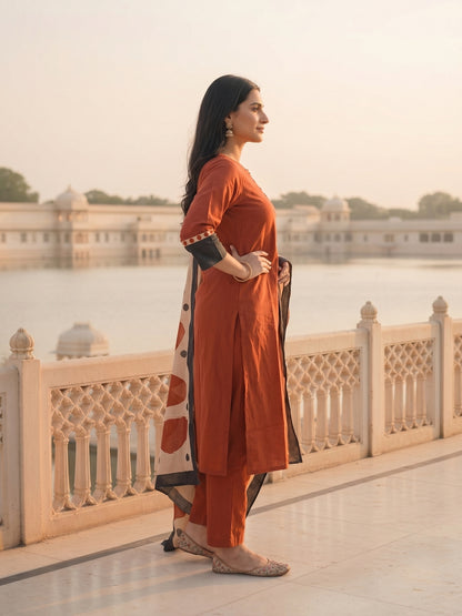 Solid Kantha Sequin Straight Kurta with Pyjama & Dupatta - Maroon
